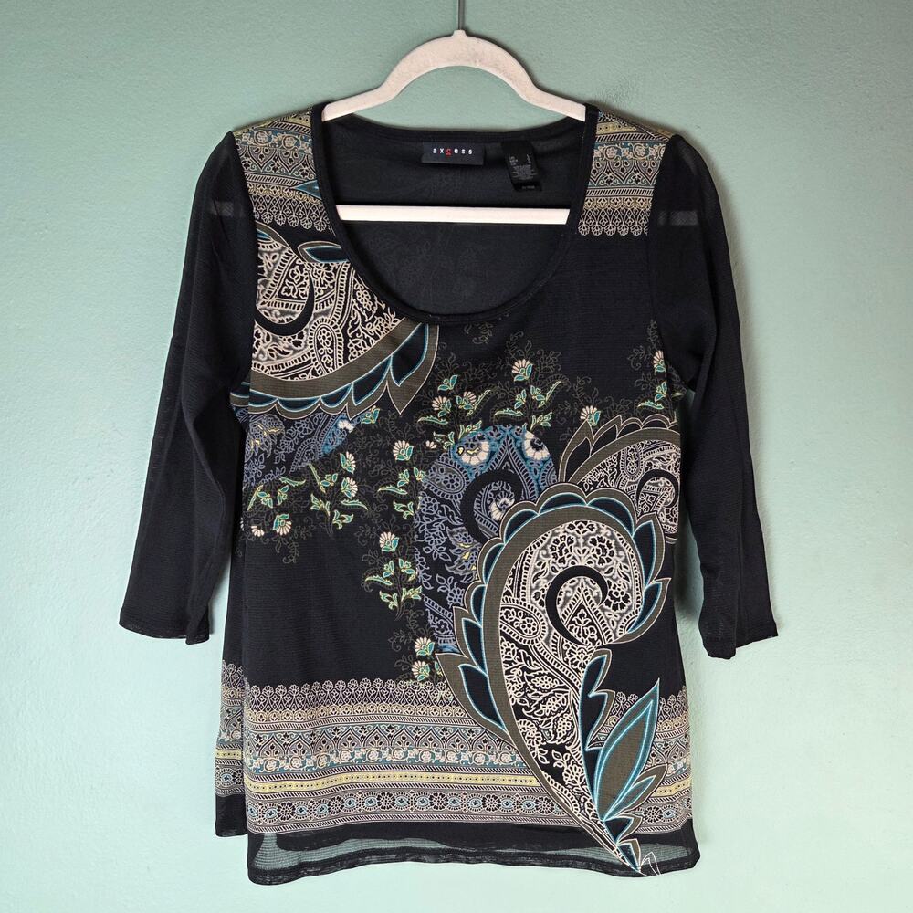 Axcess Womens Blouse Black Mesh Illusion Top Paisley Floral 3/4 Sleeve Y2K Artsy